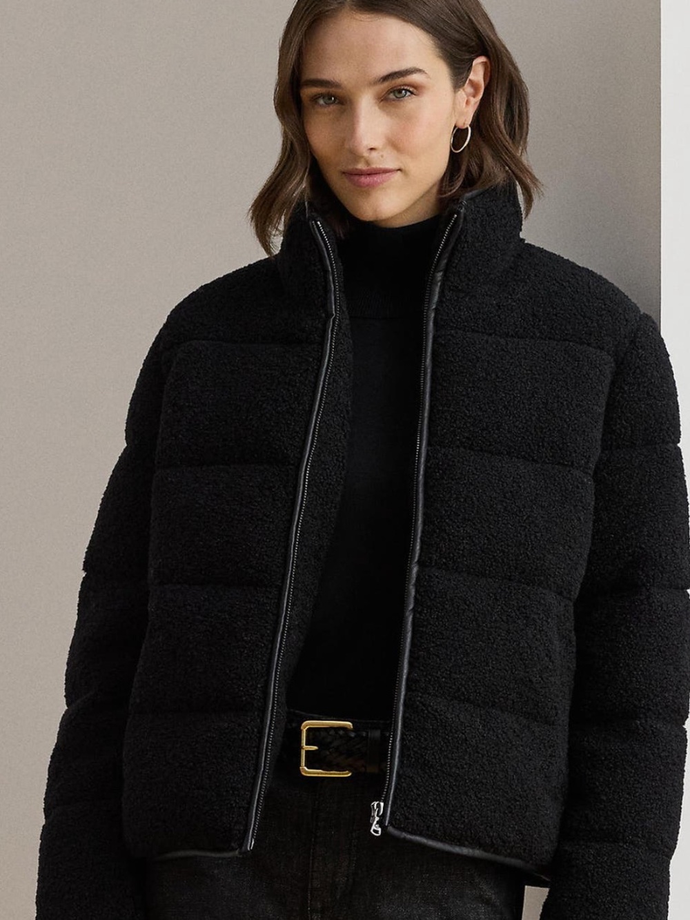 Ralph Lauren Black Faux Shearling Teddy Puffer Jacket M